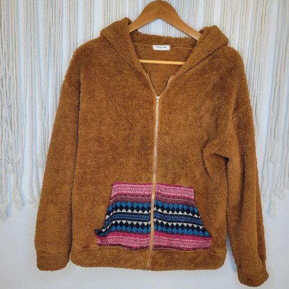 BLOOMING JOLLY Brown Sherpa Full Zip Hoodie w/ Colorful Tribal Pockets - Picture 1 of 7